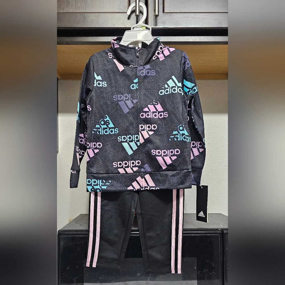 New Adidas Kids' Black Tracksuit with Pink and Blue Accents toddler girls 4T